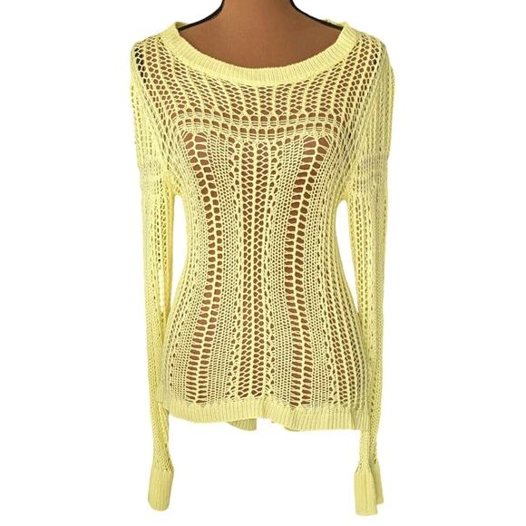 Billabong Designer Closet Large Crocheted Sweater Yellow Knit Hippie Festival - Picture 3 of 13